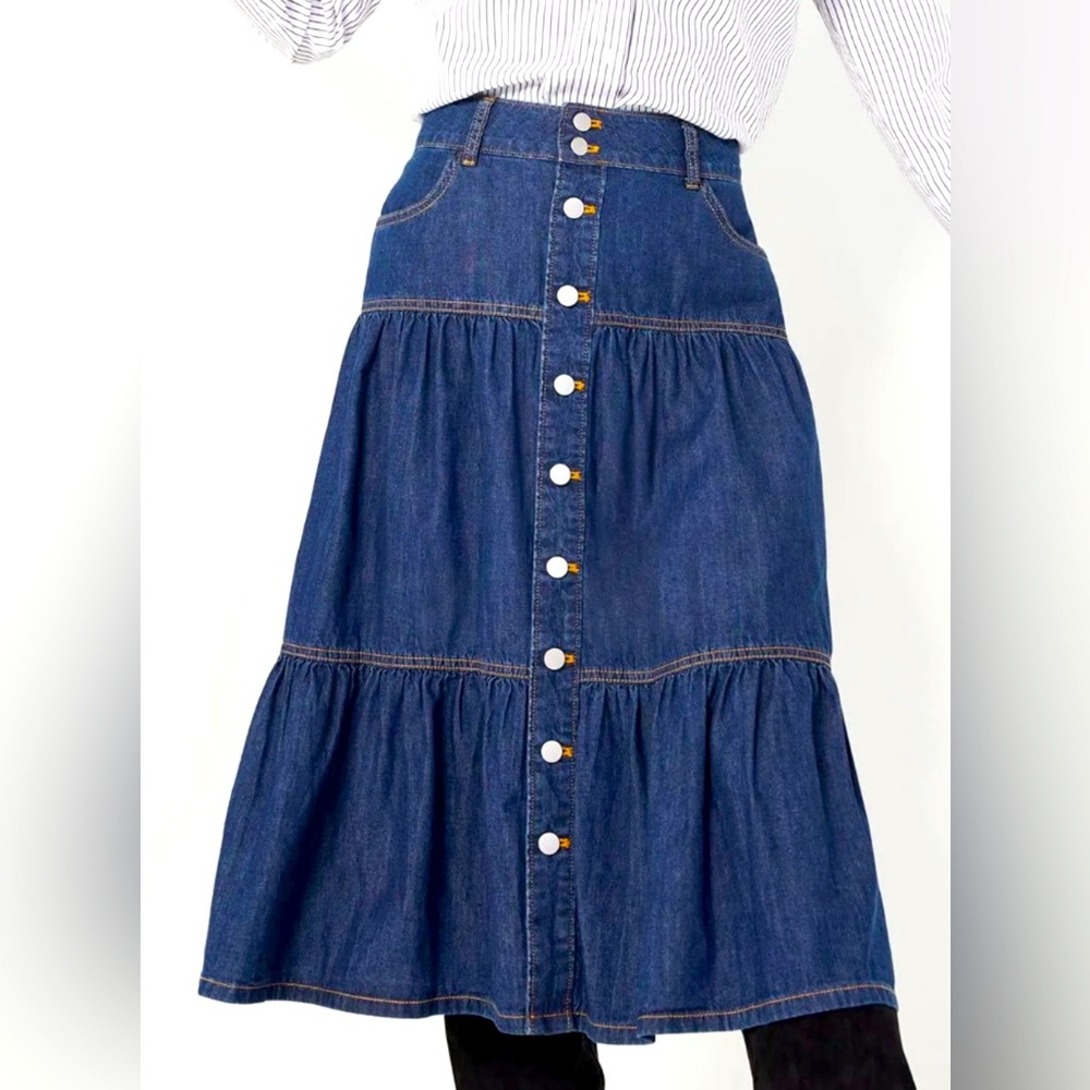 Denim Skirt Tiered Prairie Peasant Modest Western Size 8 Pockets Cottage Denim